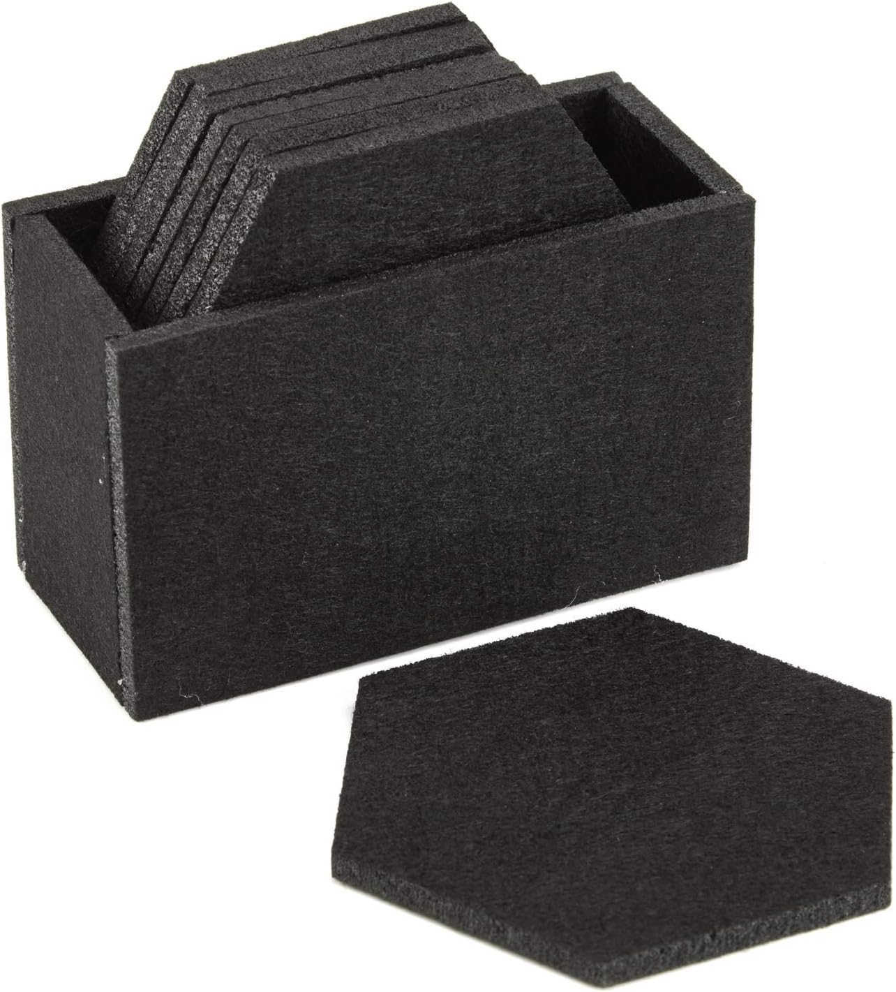 Felt Drink Coaster Set with Holder, Set of 8 Drinks Absorbent Coasters for Glasses, Premium Cup Mats for Beverage, Protect Furniture from Heat, Stain, Scratches (Black, Hexagon)