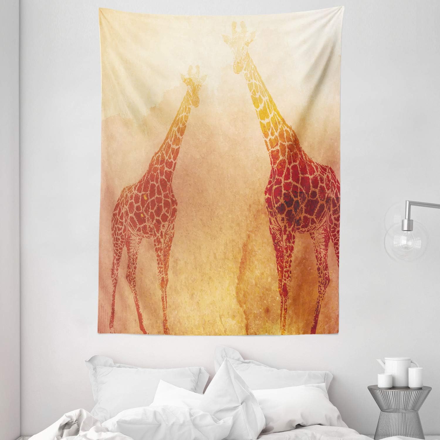 Ambesonne Safari Tapestry, Illustration Tropic Giraffes Tallest Neck Animal Mammal in Retro Vintage Print, Wall Hanging for Bedroom Living Room Dorm, 60" X 80", Orange