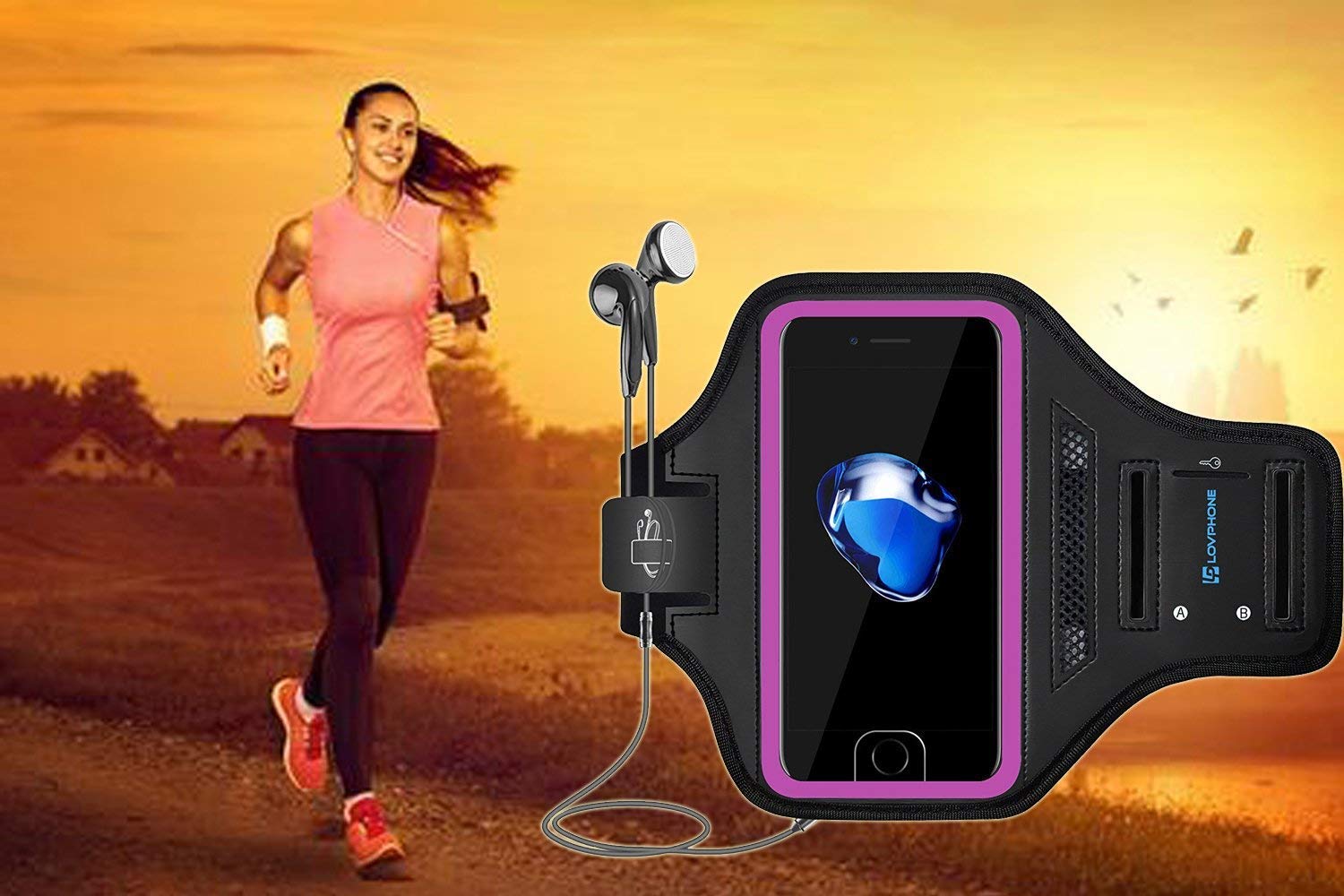 LOVPHONE Man/Women Running Sport Armband for iPhone 7/8 Plus Suitable for Gym Workout w/Kickstand Key Bag Earbuds Holder Card Slot Case, Water Resistant (Rosy)