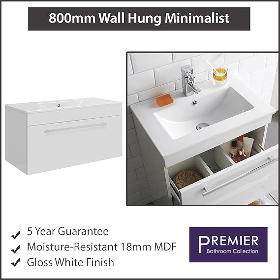 Premier Design 800mm Wall Hung Vanity Unit With Minimalist Sink Basin Modern Bathroom Cabinet Storage Furniture Gloss White Finish Amazon Co Uk Kitchen Home