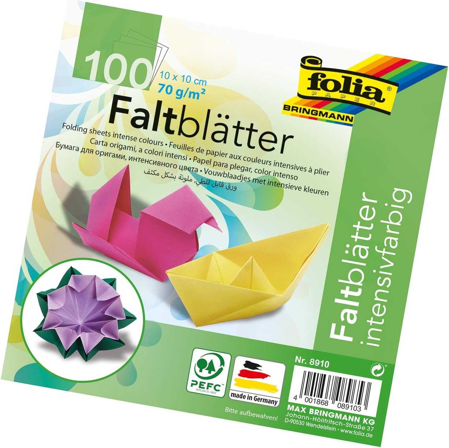 Folia Bringmann Folding Sheets 70 g/m², 100 Blatt in 10 Assorted Colours, 10 x 10 cm, Mehrfarbig