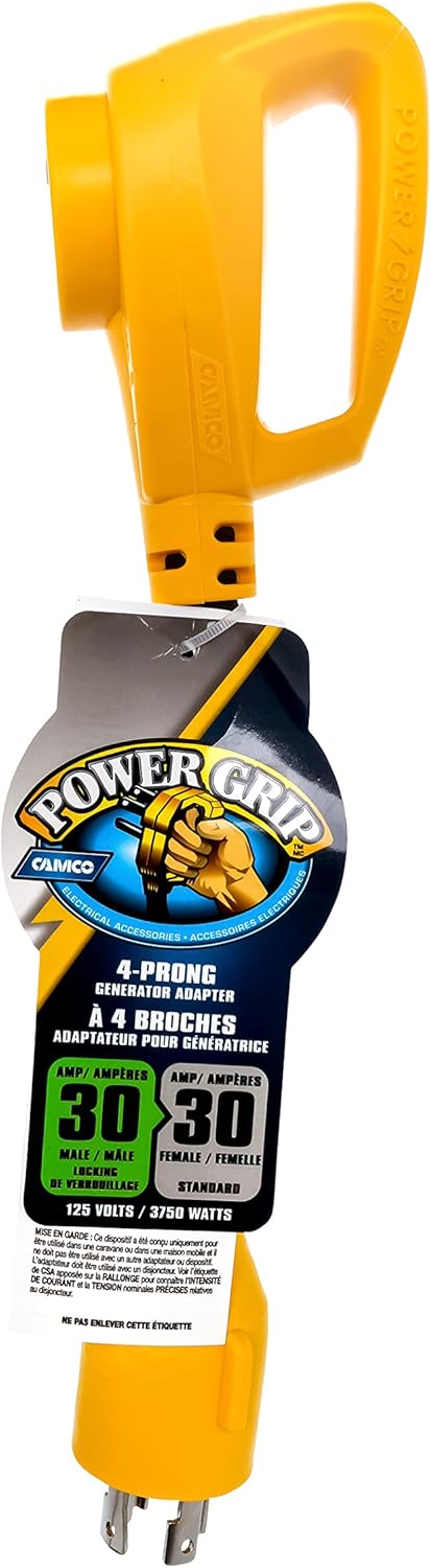 Camco 12" L5-30 AMP Locking 3-Prong Plug / TT-30 30 AMP Standard Receptacle PowerGrip Generator Adapter (55272): Automotive