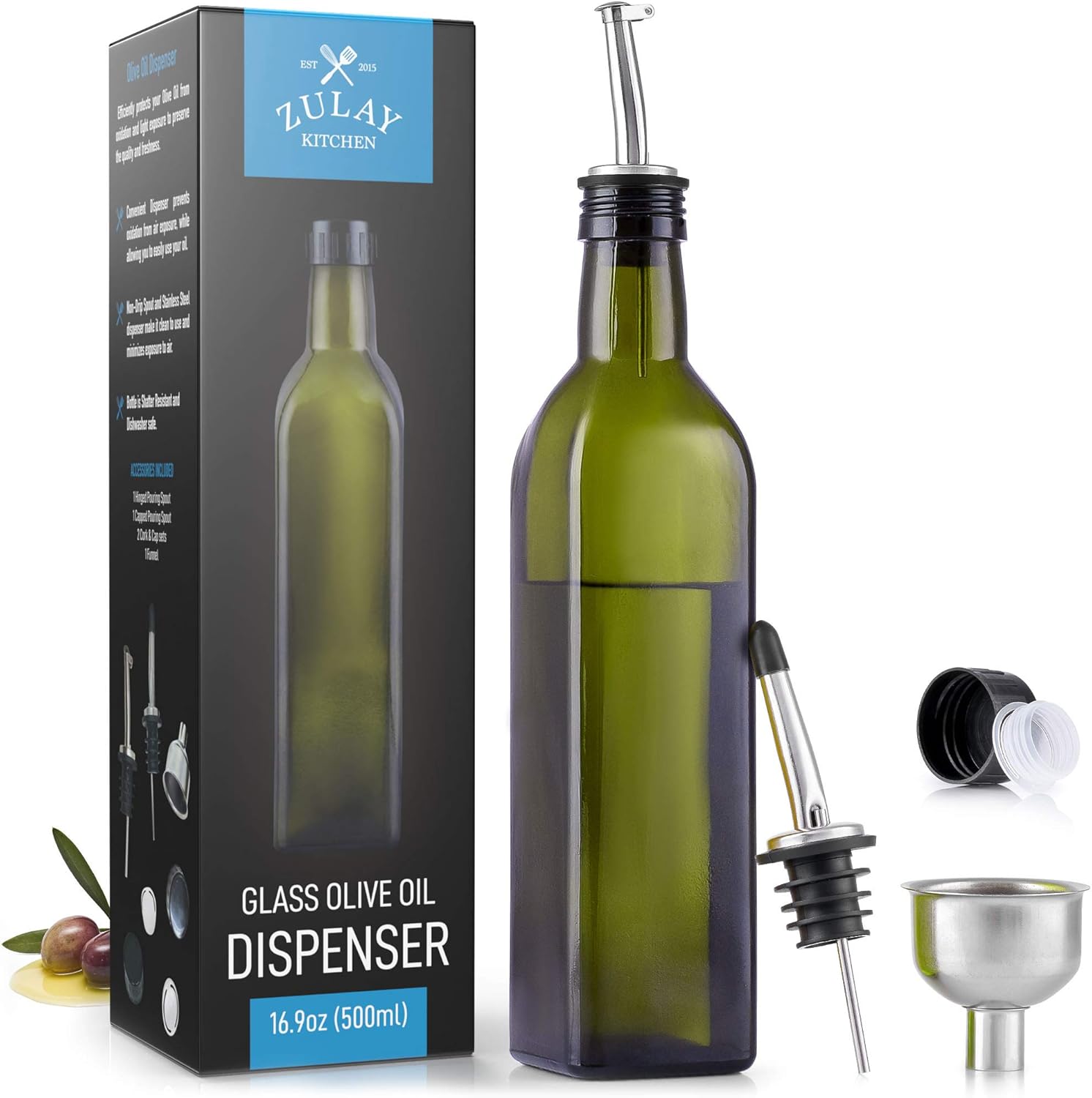 Zulay (17oz) Olive Oil Dispenser Bottle For Kitchen - Glass Olive Oil Bottle With 2 Spouts, 2 Removable Corks, 2 Caps, & 1 Funnel - Oil Bottle For Kitchen & Storing Liquids (Green Bottle): Kitchen & Dining
