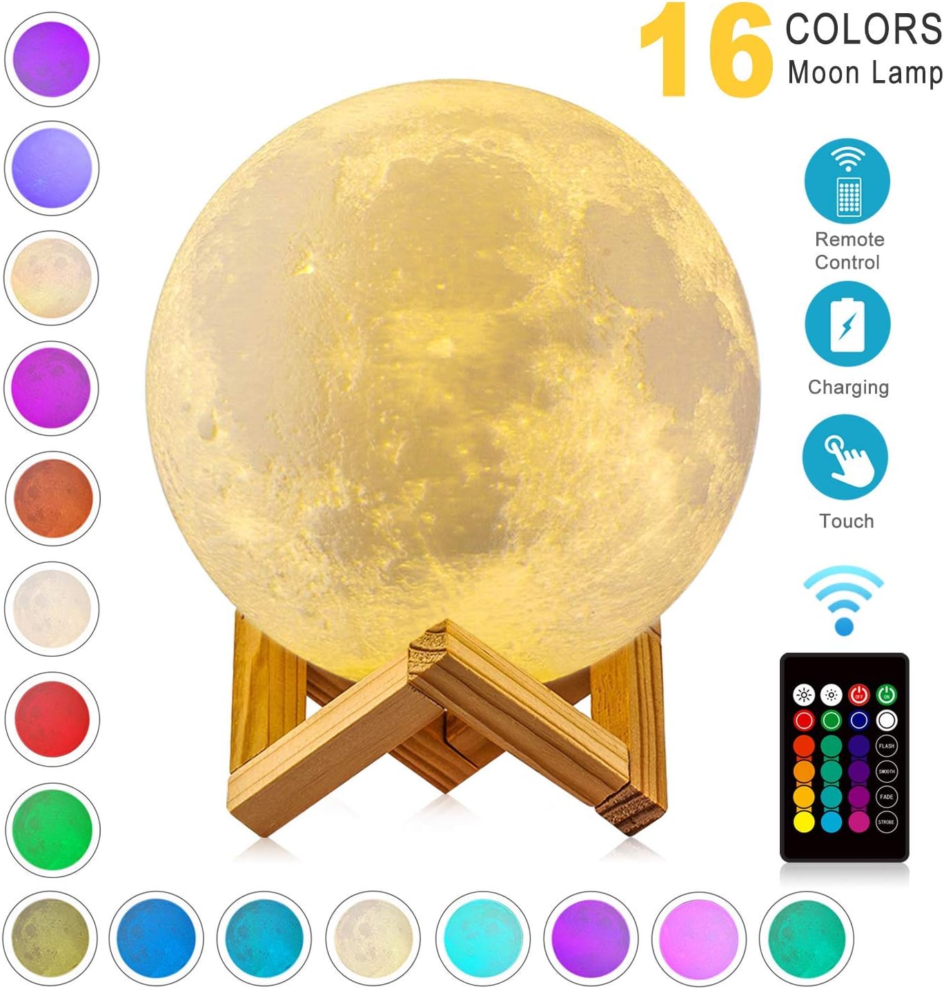 WYCY Moon Lamp Remote & Touch Control Moon Light 3D Printing 16 Colors LED Moon Night Lamp with USB Charging & Remote & Stand, Gifts for Friend Lover Birthday (Moon Lamp, 10CM)