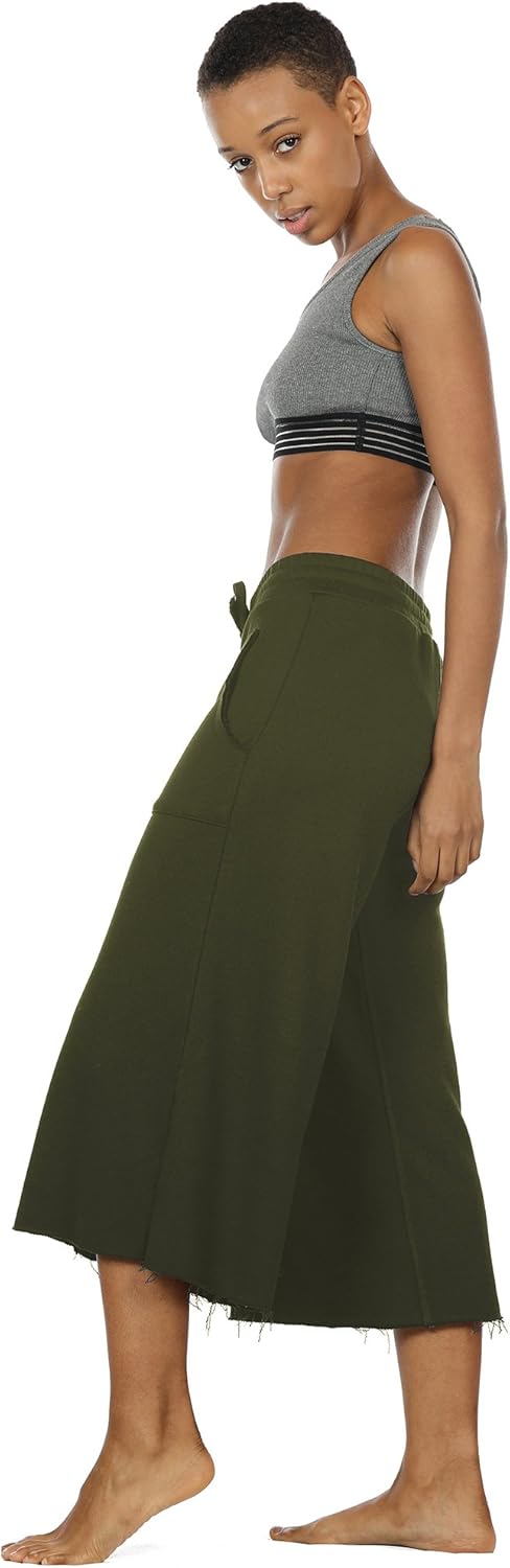 icyzone Culottes Capri Pants for Women - Elastic Waist Wide Leg Joggers Casual Lounge Cotton Sweatpants with Pockets: Clothing