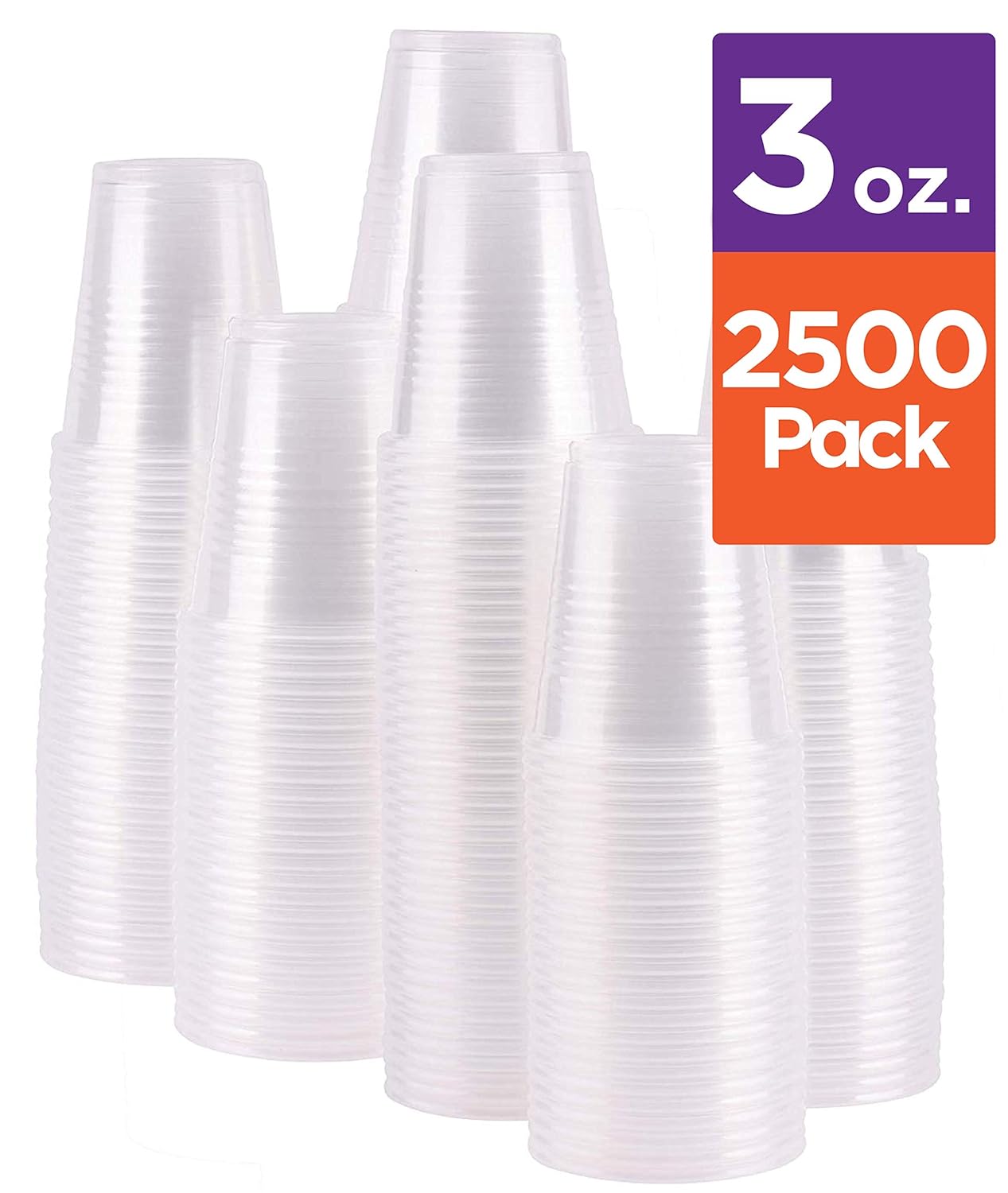 Case of 2,500 – 3 oz. Disposable Clear Plastic Cups, 100 Count Packages (25/100)