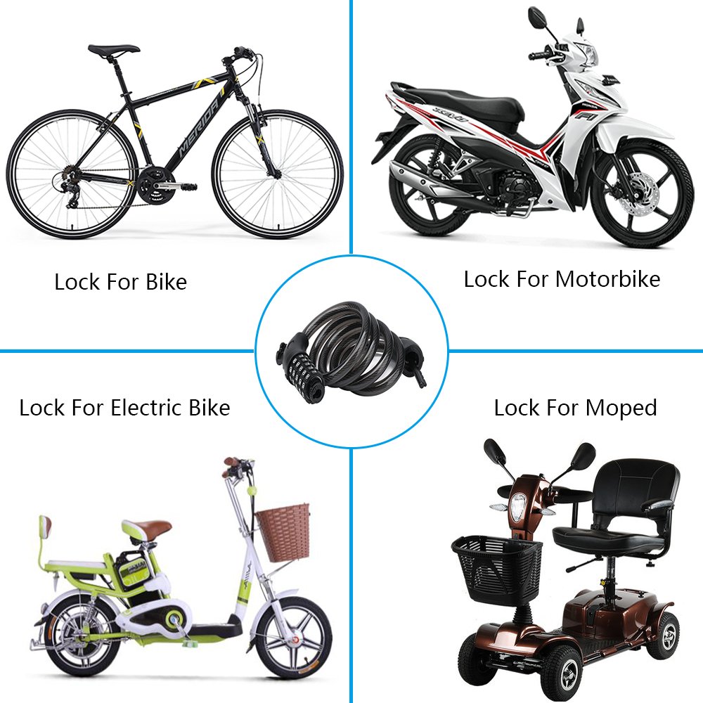 Security Bike Lock Combination Resettable With 5 Digital Code,4 Feet Self Coiling Cable Bike Lock For Mountain Or Road Bike With Complimentary Mounting Bracket