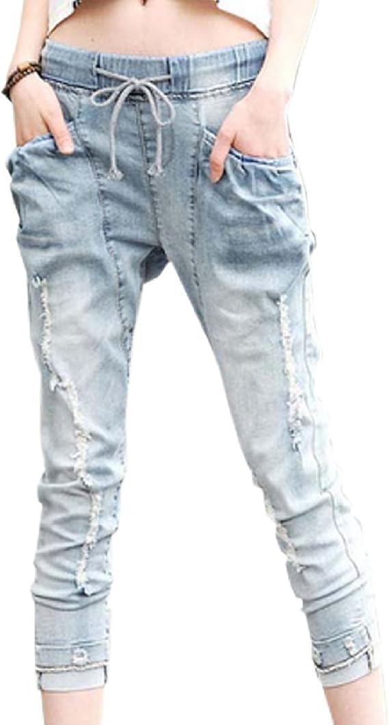 Amazon ベルク Veluc レディース ジーンズ スキニー 7分丈 デニム 大きめ ダメージ クラッシュ ウエストゴム ロールアップ カジュアル ゆるかわ ブルー シアン 29 30 31 32 シアン32 ロングパンツ 通販