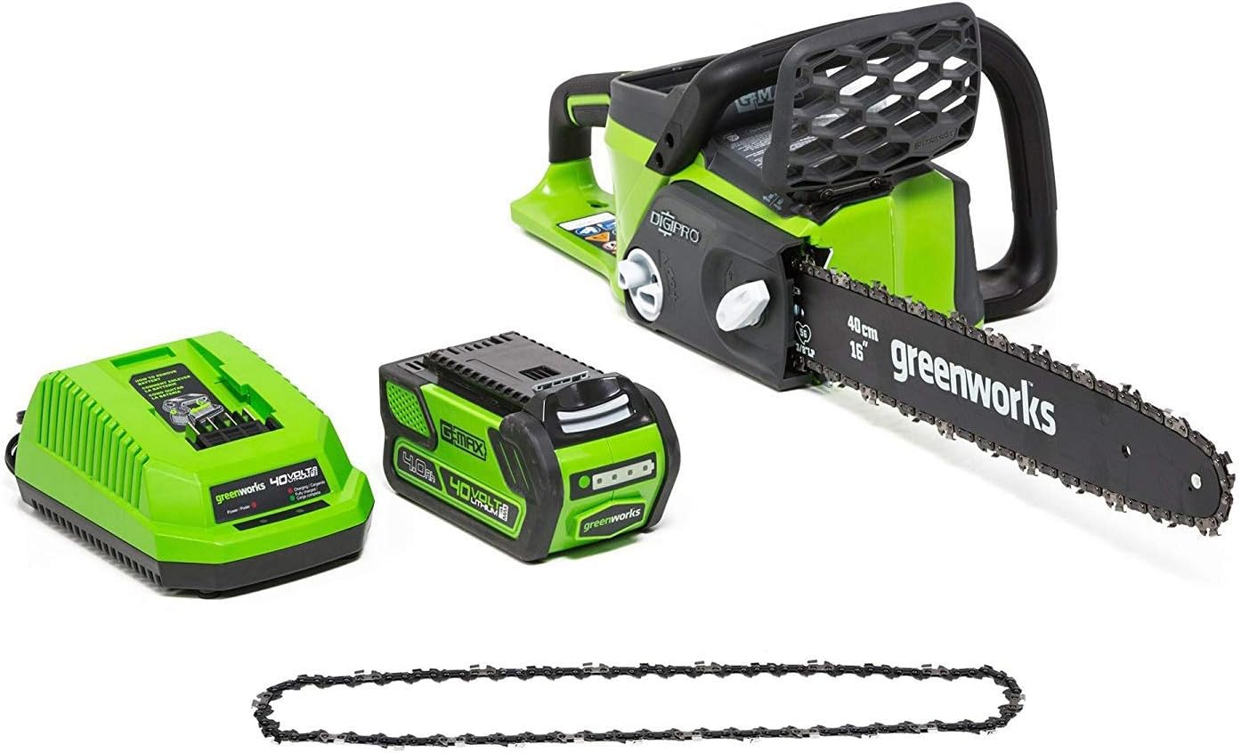Greenworks 16Inch 40V Cordless Chainsaw with Extra Chain, 4AH Battery and a