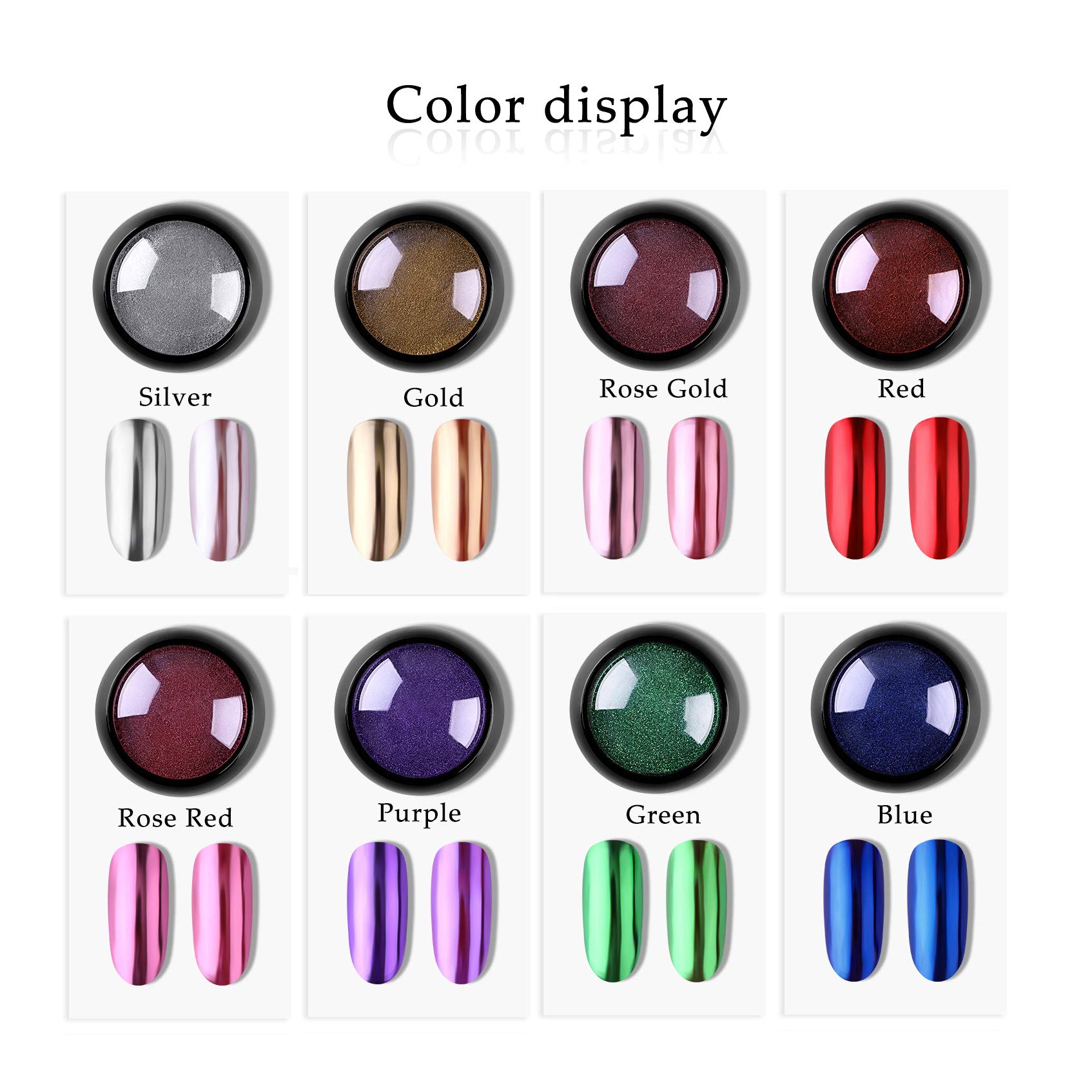 Jutao 8 Jars Holographic Nail Powder Mirror Effect Nail Art Powder for Women Metallic Chrome Nail Dipping Powder 8 Colors Manicure Pigment with 8 Pcs Eyeshadow Sticks