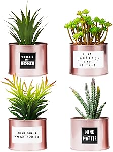 LIBWYS Set of 4 Succulent Office Decor for Women Desk, Artificial Rose Gold Decor Desk Plant for Apartment Decor, Bookshelf Decor. Artificial Cactus Office and Home Plant Decor Desk Kitchen