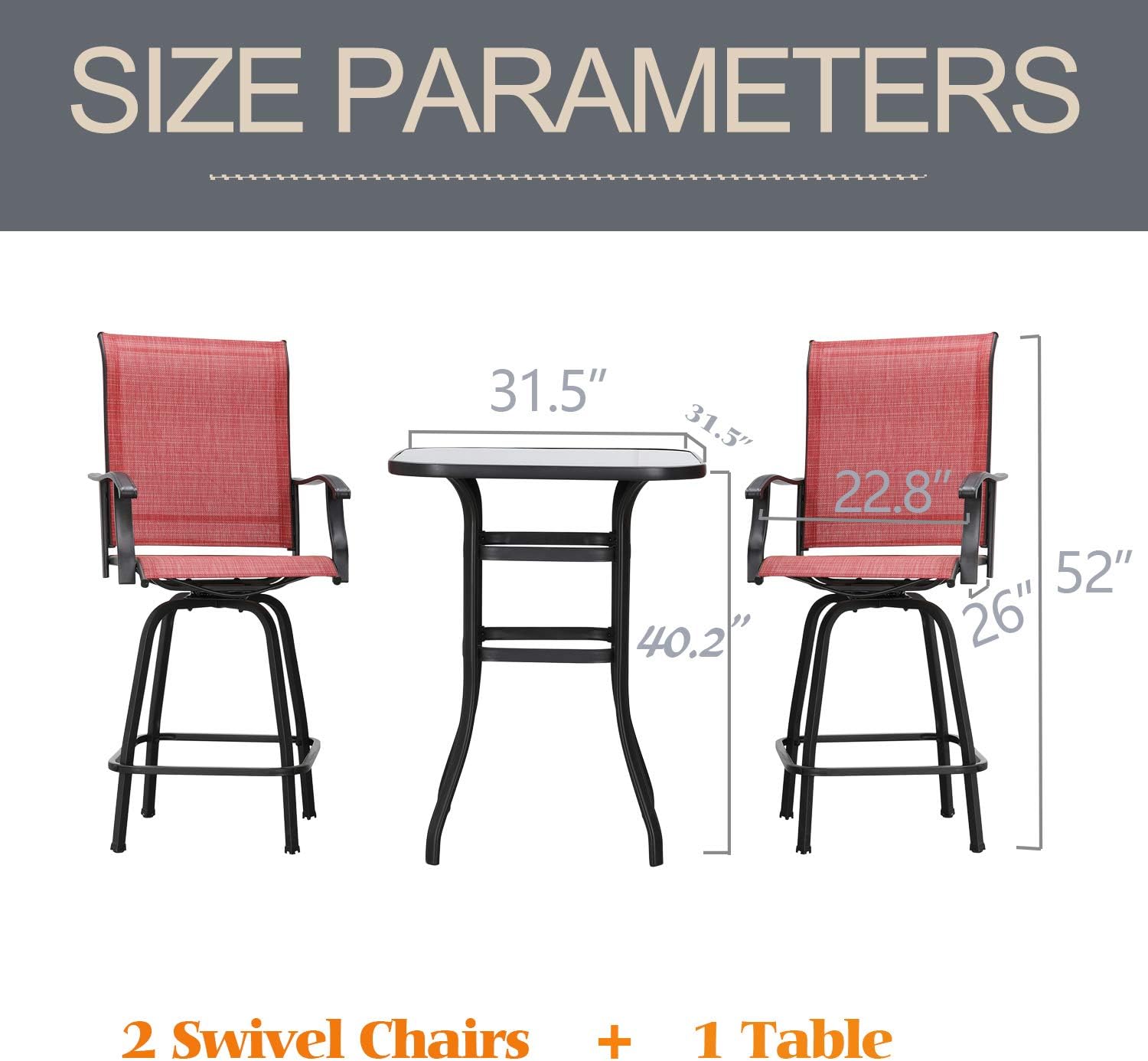 LOKATSE HOME 3 Pcs Bar Stools Set 2 High Swivel Chairs and 1 Height Outdoor Bistro Table, Patio Furniture, Red Tesling Fabric : Garden & Outdoor