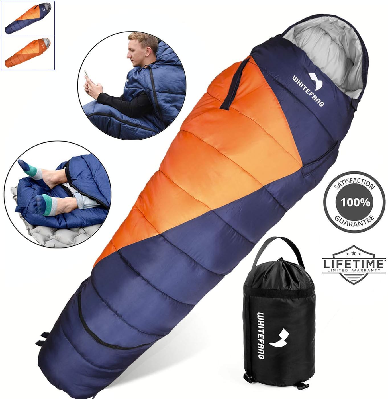 WhiteFang Sleeping Bag with Compression Sack,Portable Lightweight and Waterproof for Adults & Kids,3-4 Season Mummy Sleeping Bags Great for Hiking, Backpacking,Camping and Outdoor