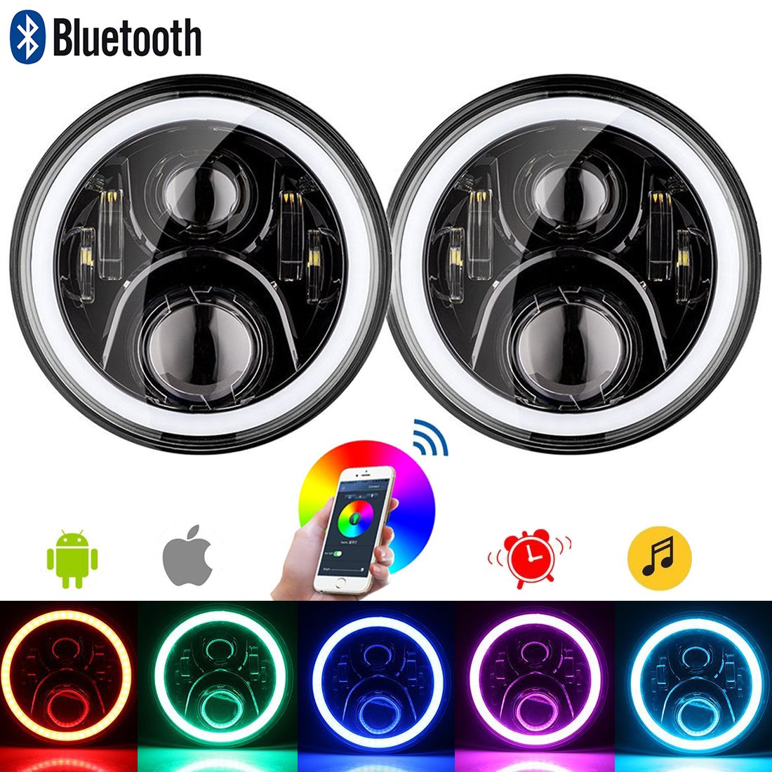Amazon.com: 7 inch LED Headlights RGB Halo Round Bluetooth APP for Jeep  Wrangler Harley Hummer (2 PCS-RGB-DRL): Automotive