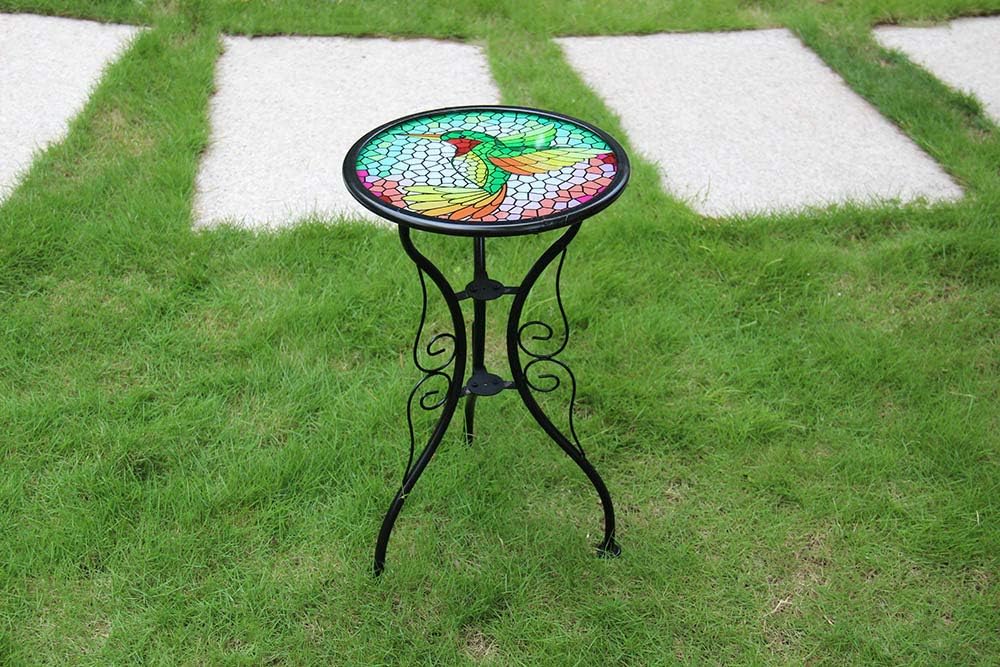 Liffy Outdoor Mosaic Side Table Hummingbird Bench Small Patio Round Printed Glass Table for Garden, Yard or Lawn: Furniture & Decor