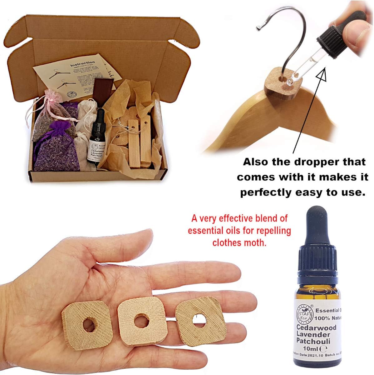 STAFECO Moth Repellent for Wardrobes Cedar Wood 3 Lavender Bags 1 Patchouli Bag Natural 24 Rings Chips Killer for Wardrobes 100% (Large C) - Image 3