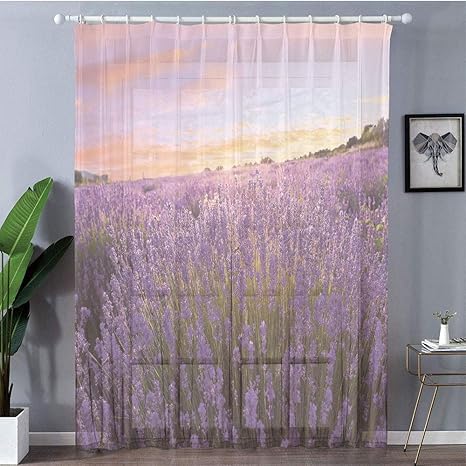 Amazon 1組2枚入り 幅100cmｘ丈178cm 装飾 レースカーテン Uvカットミラーレースカーテン ラベンダー 満開の田舎の牧草地夏の活気のある自然ヨーロッパの土地装飾 紫のサンゴライトブルー カーテン オンライン通販