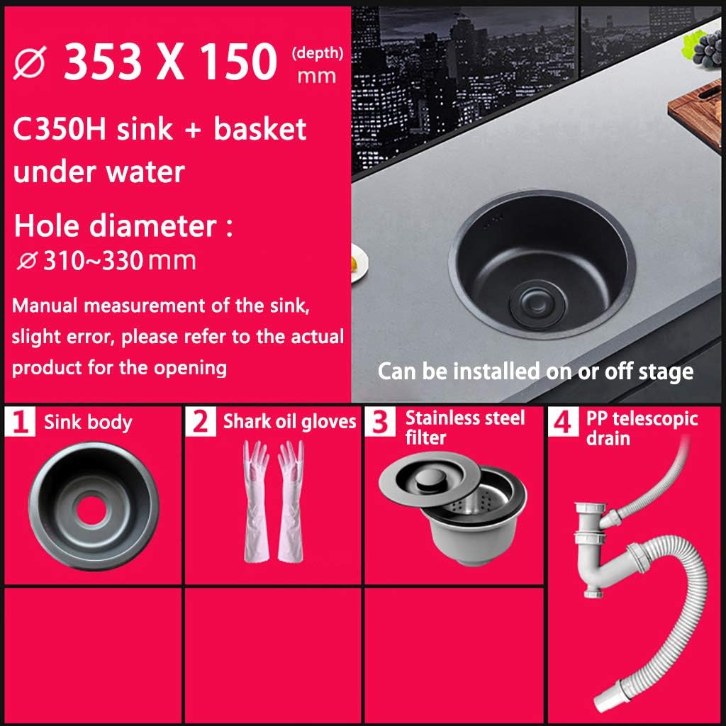 Bath Fixtures Black Round Sink Kitchen Renovation Pool Round Single Sink Small Sink Bathroom Round washbasin Washing Vegetables and dishwashing Pool Household Sink Double Bow - Image 3