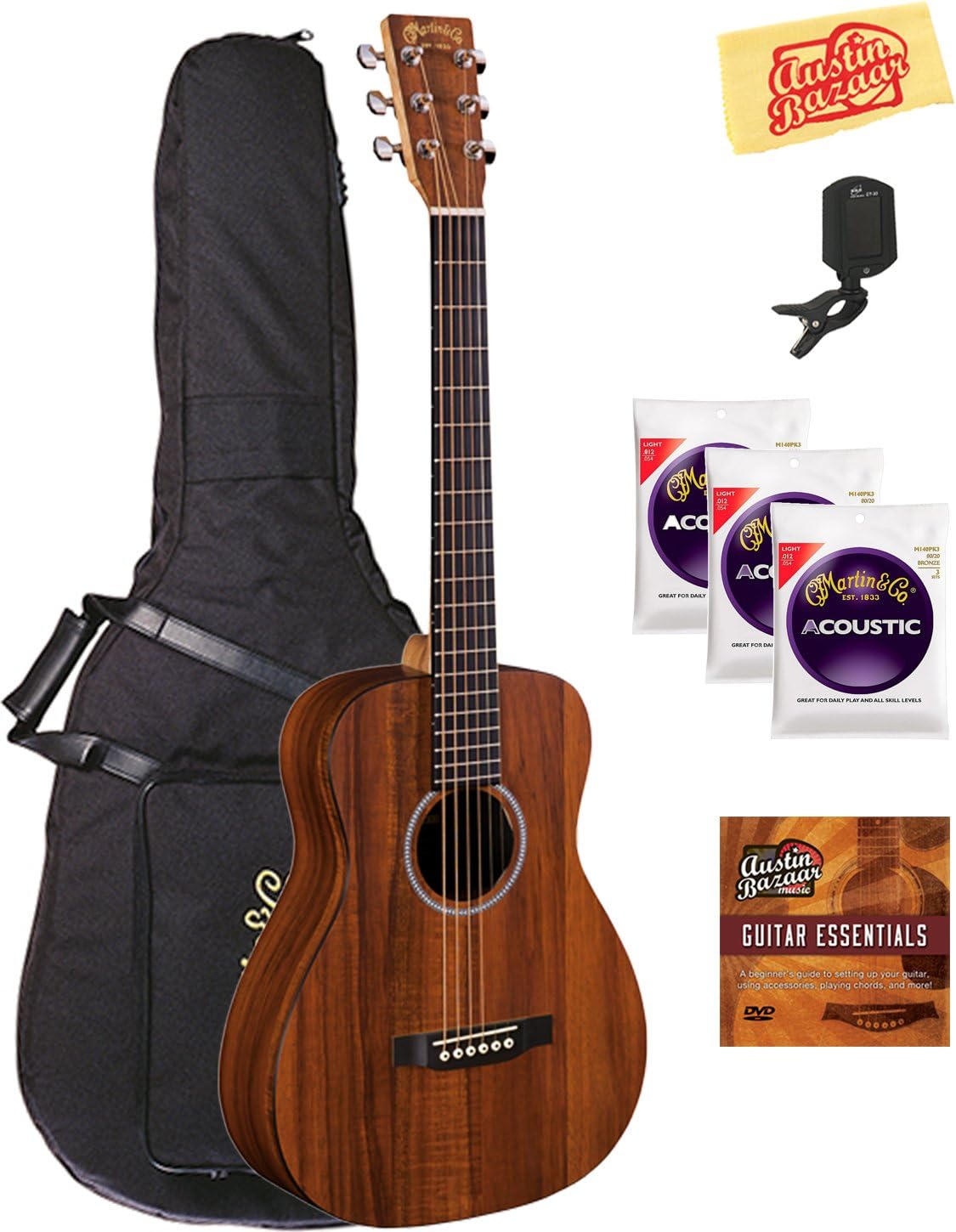 Martin LXK2 Little Martin Acoustic Guitar Bundle with Gig Bag, 3 Pack of Strings, Austin Bazaar Instructional DVD, and Polishing Cloth