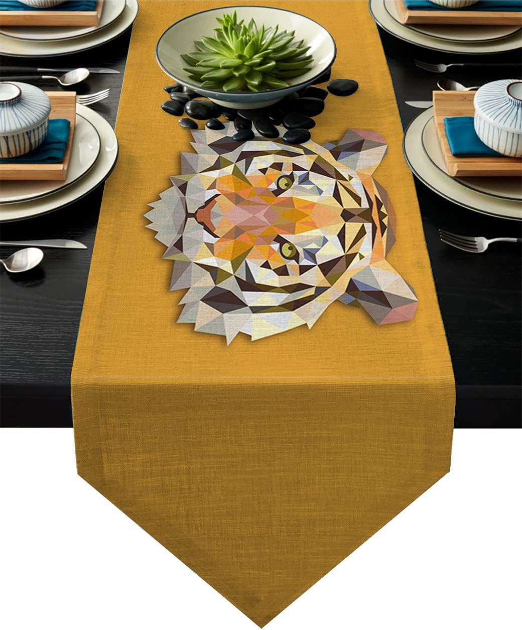Fandim Fly Table Runner Domineering Tiger Geometry Yellow Background Print Table Runners for Catering Events, Dinner Parties, Wedding, Indoor and Outdoor Parties, 13 x 90 Inch