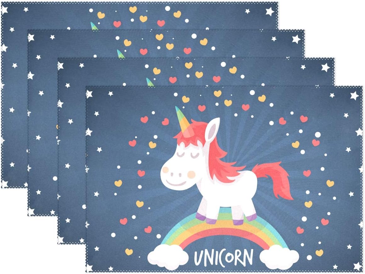 Mohado Set of 4 Placemats, Nice Little Unicorn On The Rainbow Placemats for Dining Table, Heat-Resistant Placemats, Stain Resistant Washable Table Mats, Kitchen Table mats