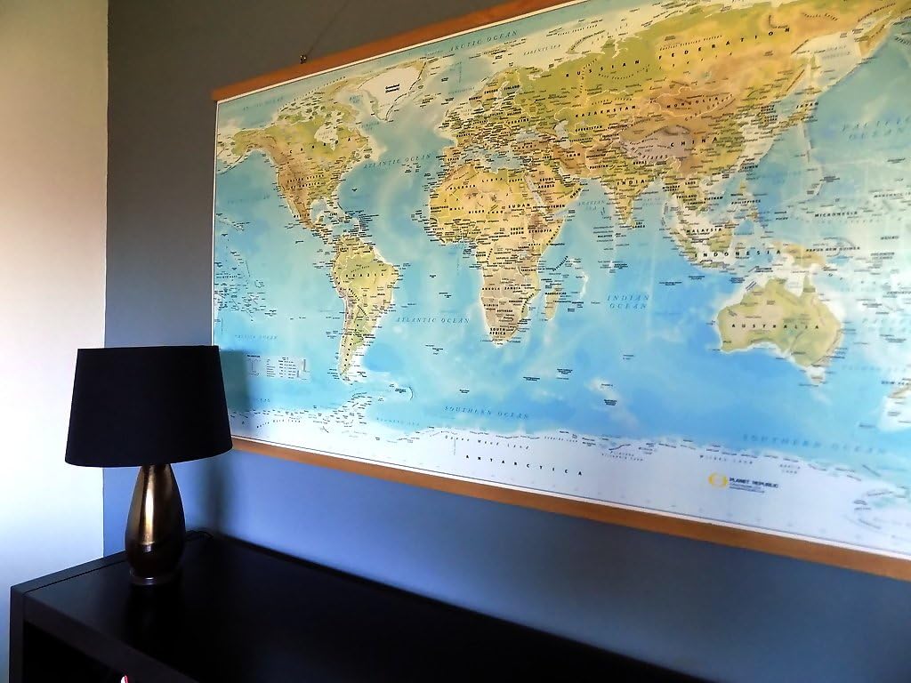 Planet Republic Extra Large World Map - Canvas with Beech Wood Rails (Not Ikea).