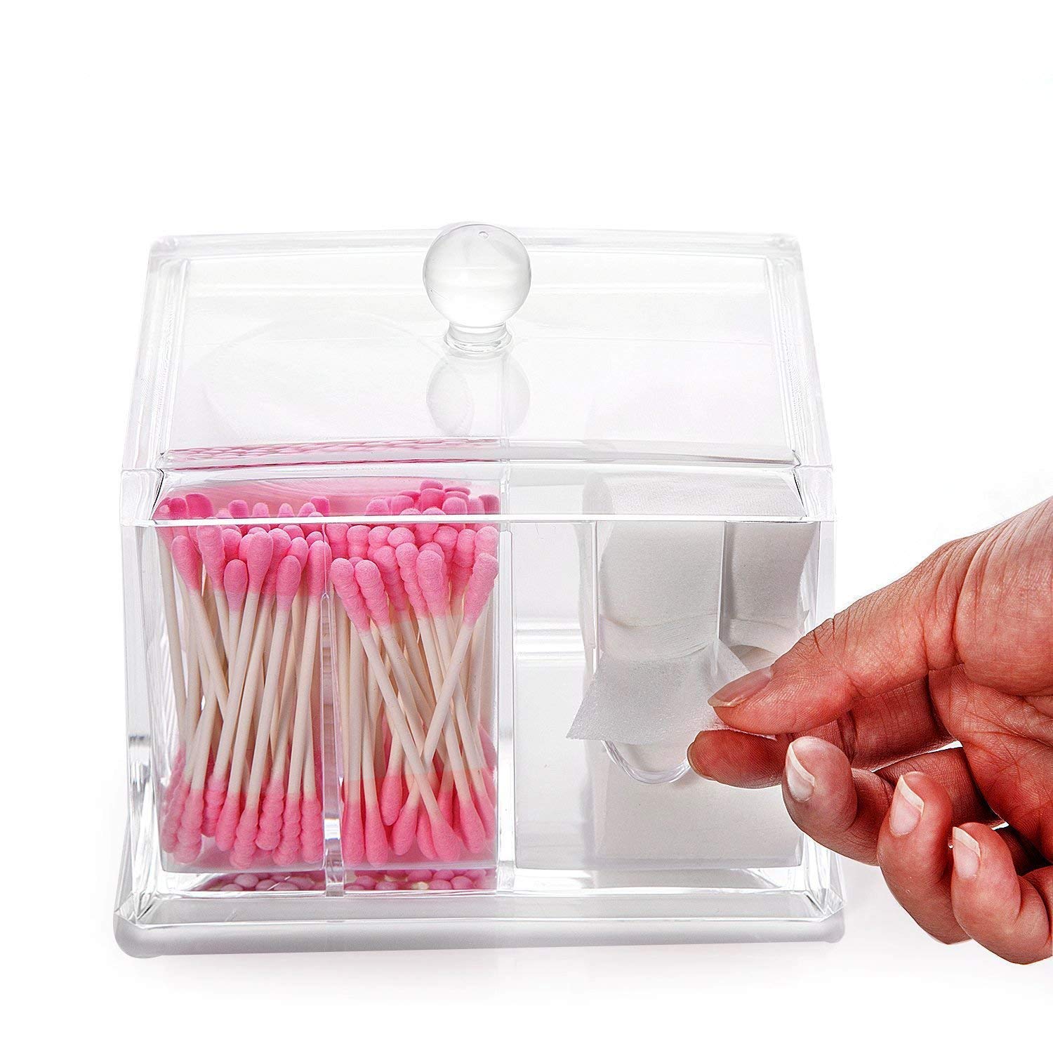 Nevsetpo Makeup Organizer Cotton Pads Holder Organizer Cosmetics Makeup Cotton Swab Holder Dispenser with 4 Sections Up to 100pcs Makeup Cotton Swabs