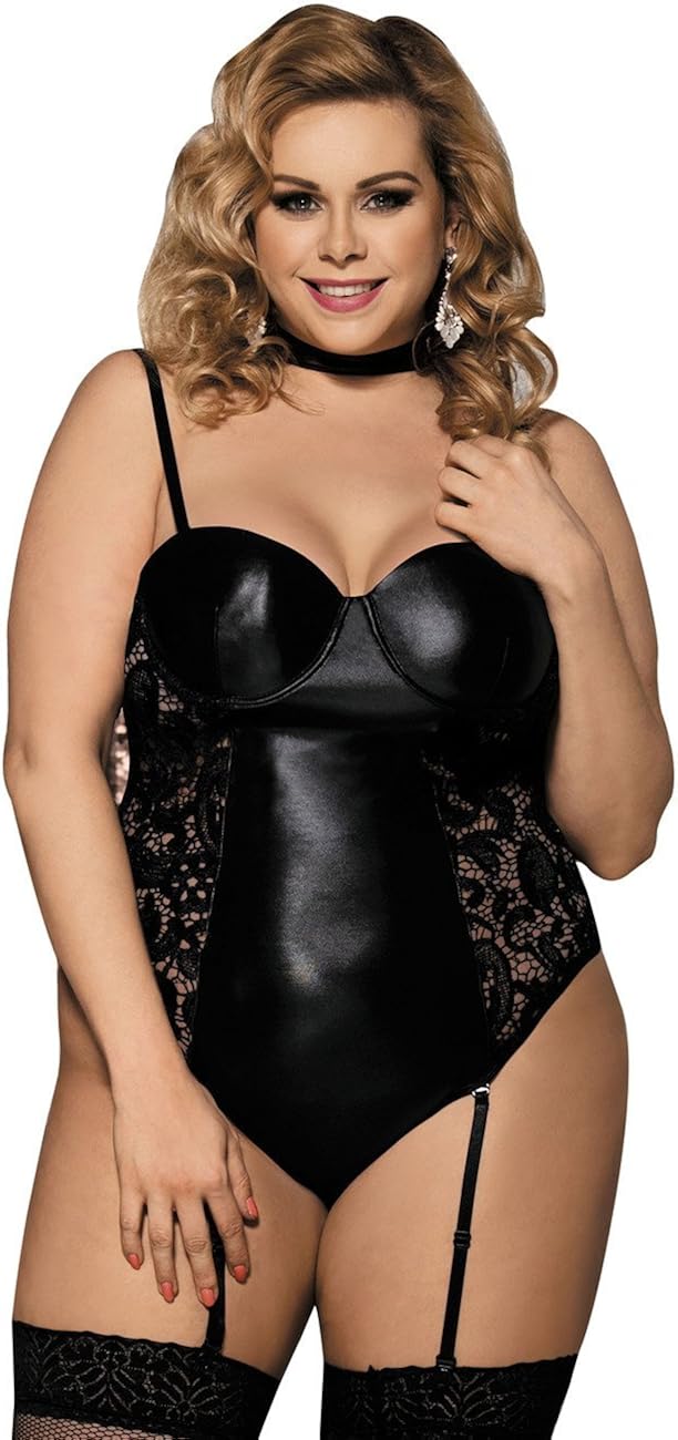 ohyeah Women Plus Size Teddy Lingerie Faux Leather Bodysuit Garter Leotard Nightwear: Clothing