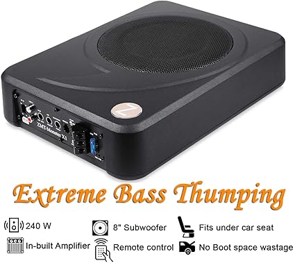 Zoook Moto69 MonsterX1 240-Watts RMS or 2400 Watts PMPO Underseat 8-inch Car Subwoofer with Inbuilt Amplifier (Black)
