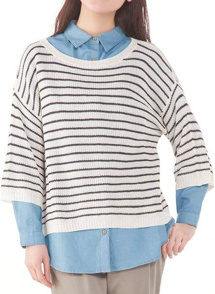 Amazon メイプルフィール Maple Feel 畦ボーダーニット デニムシャツアンサンブル 1 32 オフベージュ M アンサンブル 通販