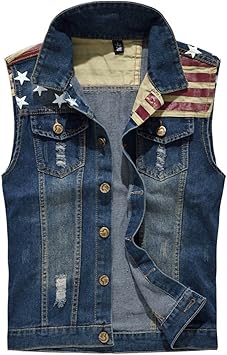 Amazon Junestarファッションメンズスリムフィットヴィンテージclassical American Flagパターンデニムジーンズベスト フィッシングジャケット