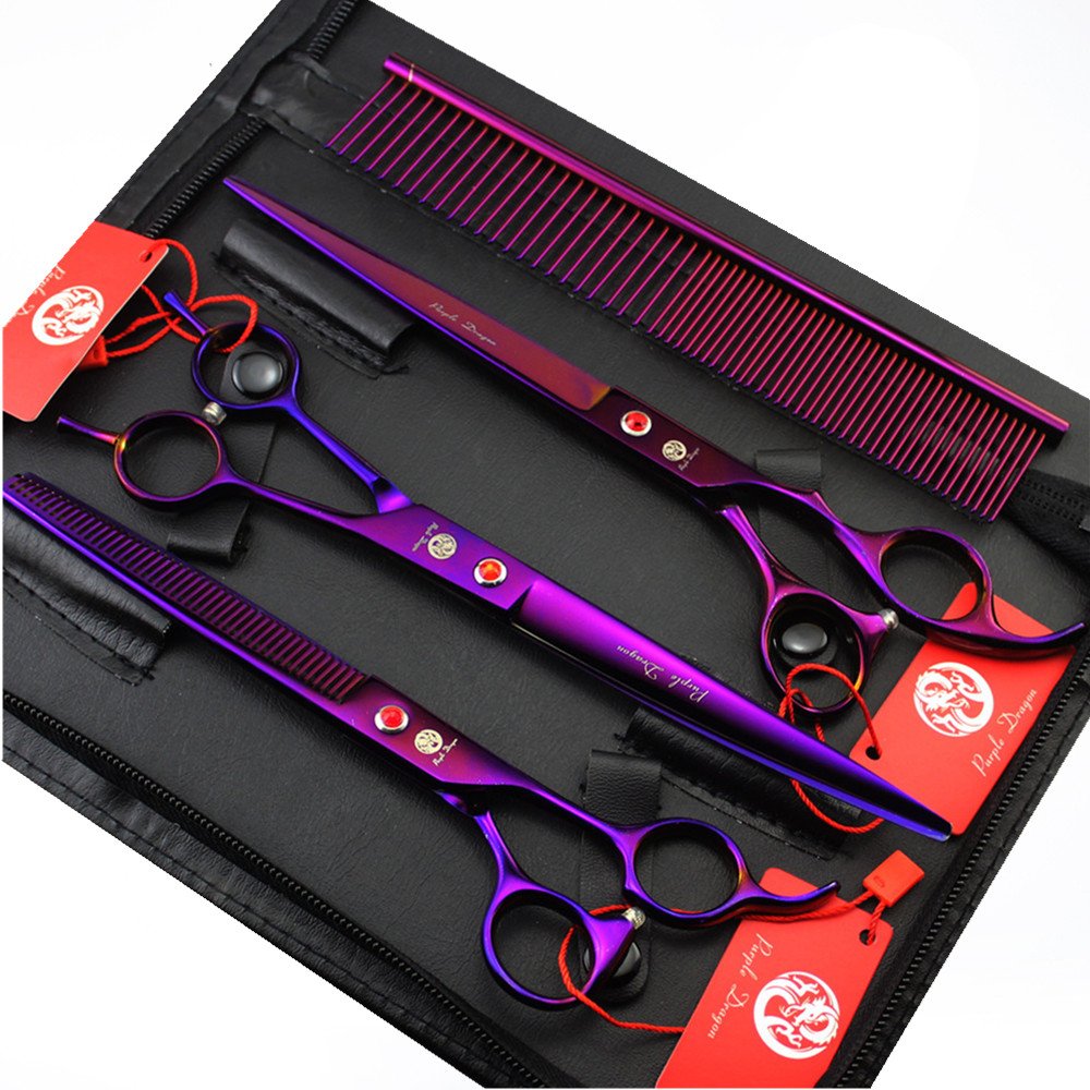 Purple Dragon 8 inch 3 in 1 Professional Pet Grooming Thinning Scissors - Upward Curved Shears and Dog Hair Cutting Scissor - Perfect for Pet Groomer or Family DIY Use 8 inch Purple