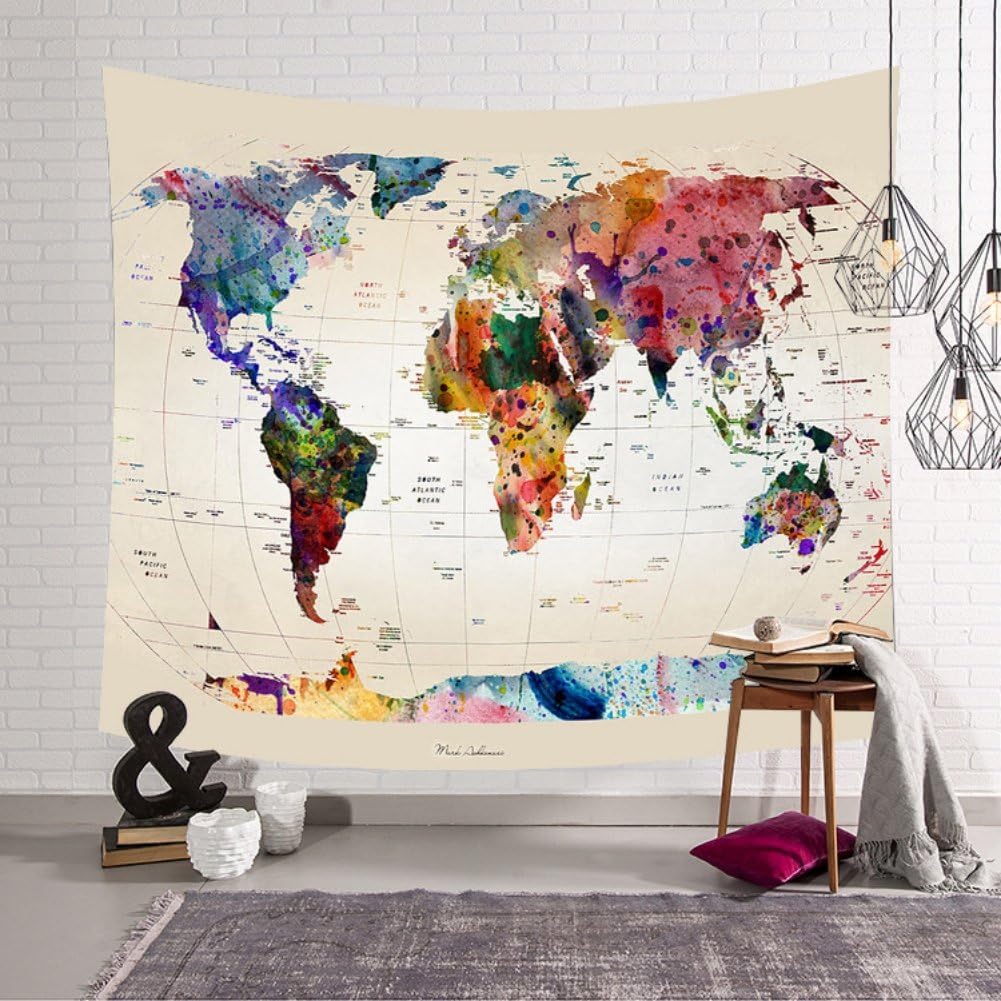 Fairylove Colorful World Map Tapestry Polyester Fabric Wall Hanging Tapestries Mural Decor Multicolor Beach Towel Picnic Blanket,51 x 59inch
