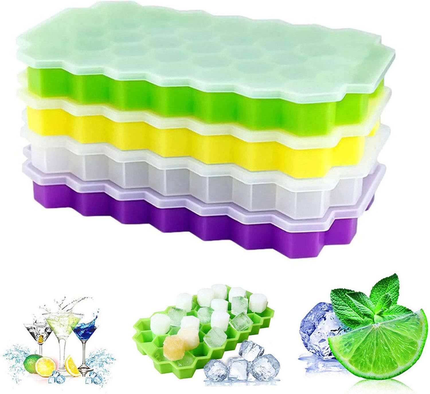 Ice Cube Trays, 4 Pack Food Grade Silicone Flexible Ice Cube Molds with Lid, BPA Free with Spill-Resistant Removable Lid Ice Cube Molds for Chilled Drinks, Whiskey & Cocktails