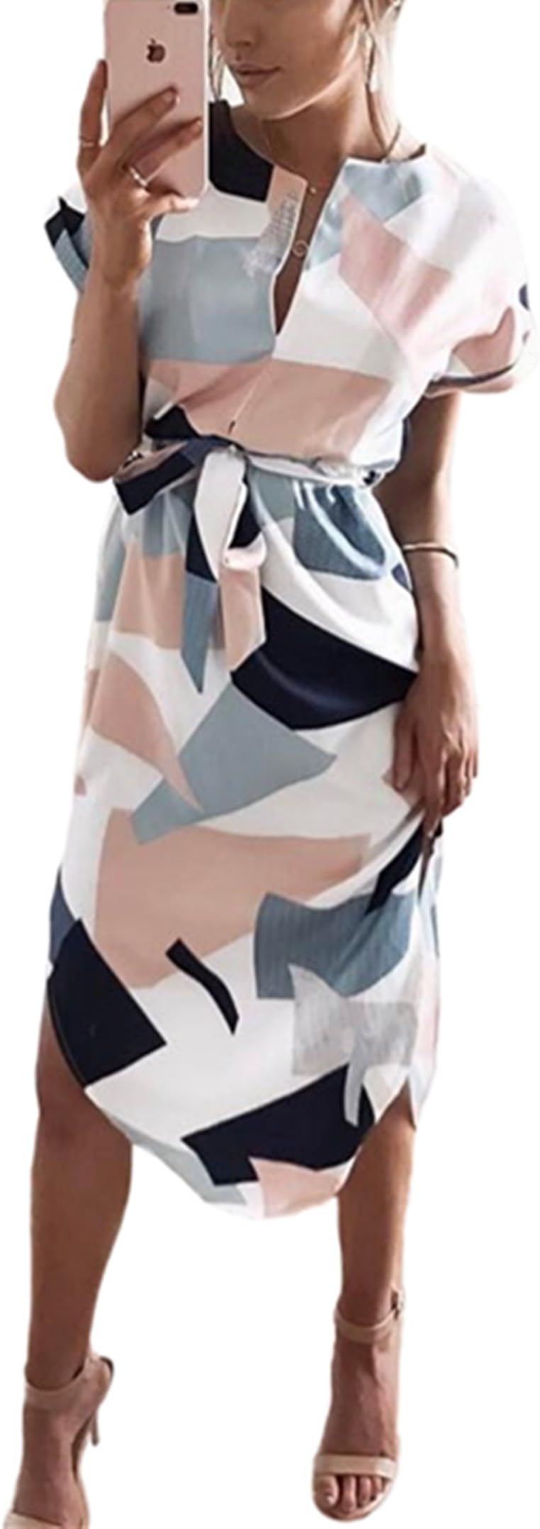 Kbook Women's Casual V Neck Geometric Pattern Floral Print Club Cocktail Belted Pencil Dress