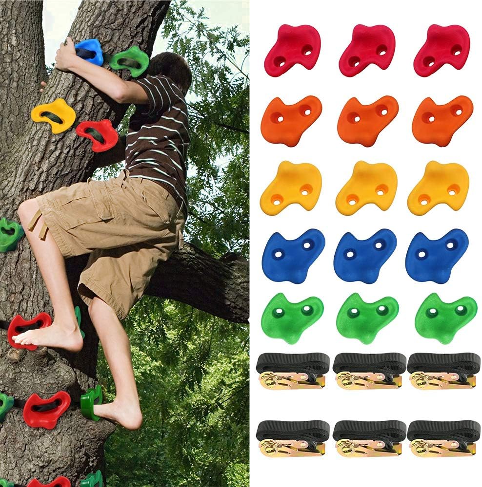 15 Ninja Tree Rock Climbing Holds for Kids and Adult Climber, with 6 Ratchet Straps, Climbing Rocks Rope Playset Set for Playground Equipment, Indoor and Outdoor Ninja Warrior Obstacle Course Training: Toys & Games