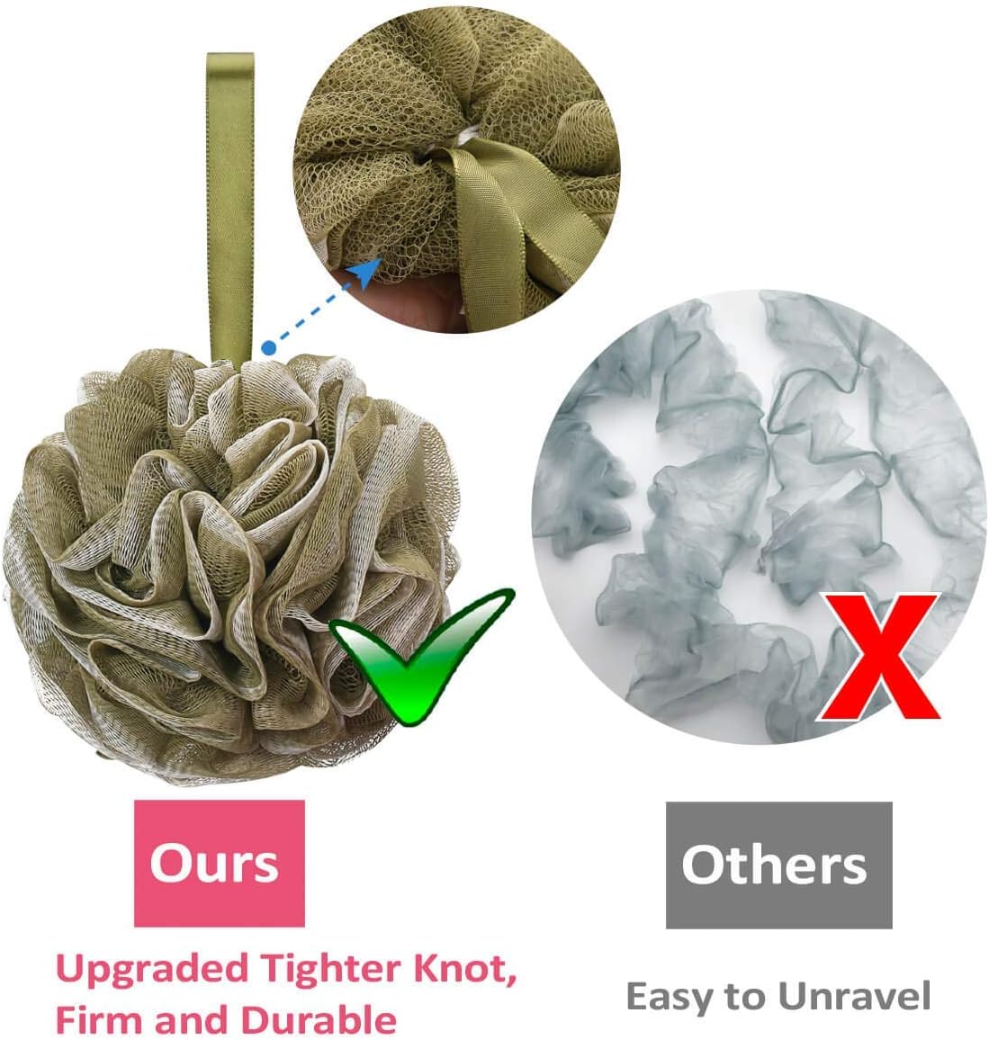 Titanker Bath Loofah Sponge, Shower Sponge Loofahs 60g/pcs Mesh Pouf Soft Body Scrubber Ball, Exfoliating Bath Sponge for Women and Men, Pack of 4, Grey-Pink-ArmyGreen-Green: Health & Personal Care