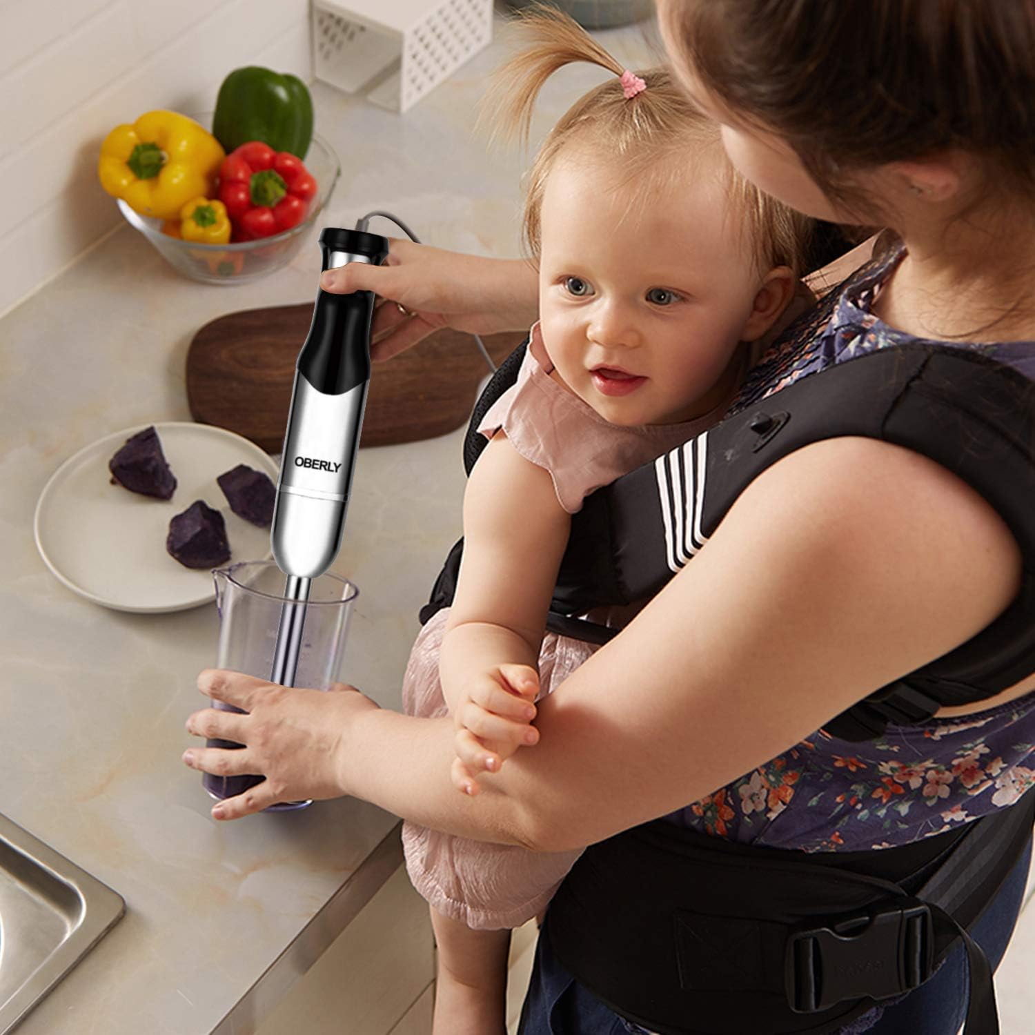 Immersion Hand Blender, OBERLY 3 in 1 Set 500 Watt Smart Stepless Speed Control Multi-Purpose Handheld Stick Blender, Heavy Duty Copper Motor Brushed Stainless Steel Finish With Whisk, Milk Frother Attachments: Kitchen & Dining