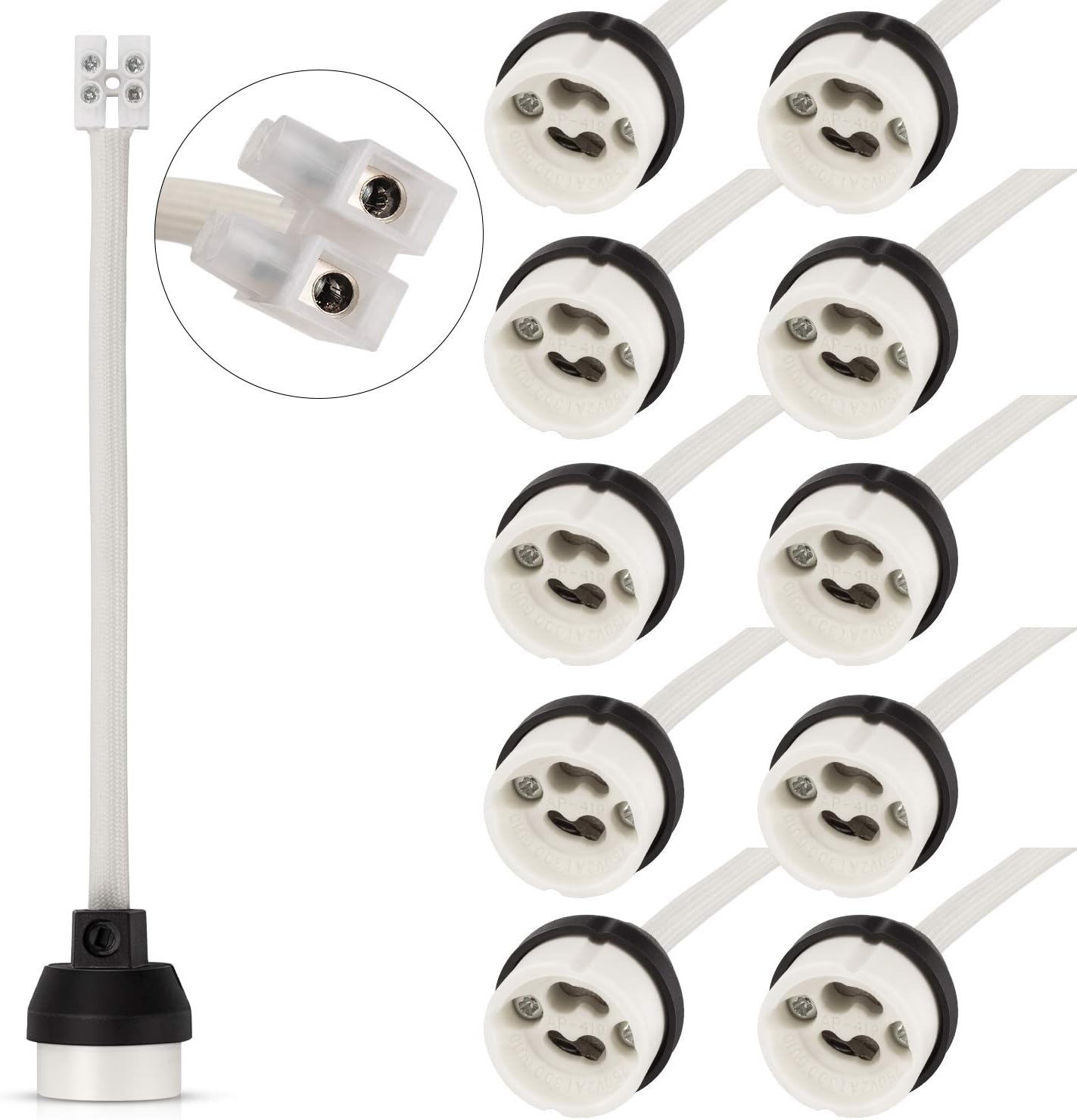 DiCUNO GU10 Lamp Holder 0.75mm² 15CM/150MM Wire GU10 Connector Ceramic Base for Spotlight Bulb 0-250V, 300W, 2A, 10 Packs