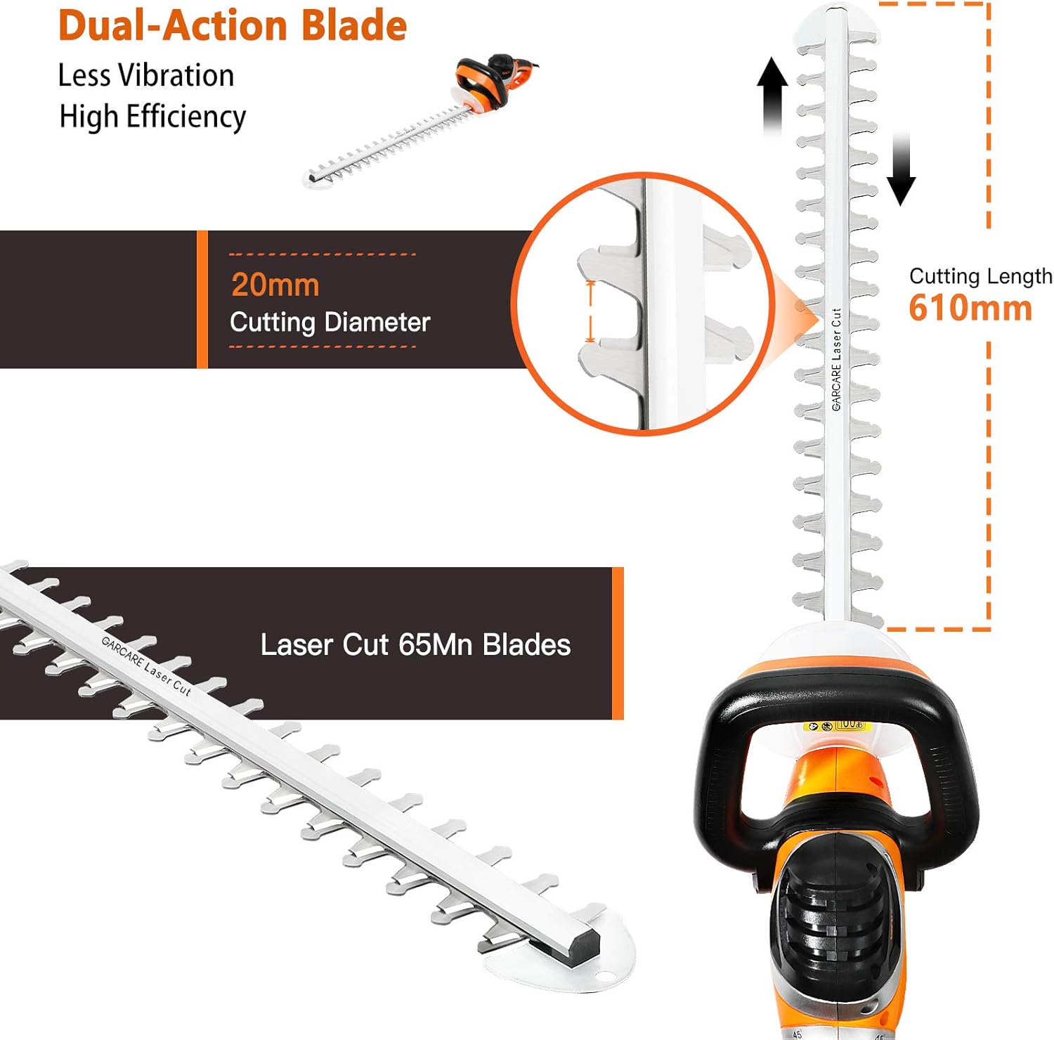 GARCARE Corded Electric Hedge Trimmer 680W Bush Tree Cutter with 61cm Blade Length, 20mm Cutting Width, Adjustable Handle - Image 5