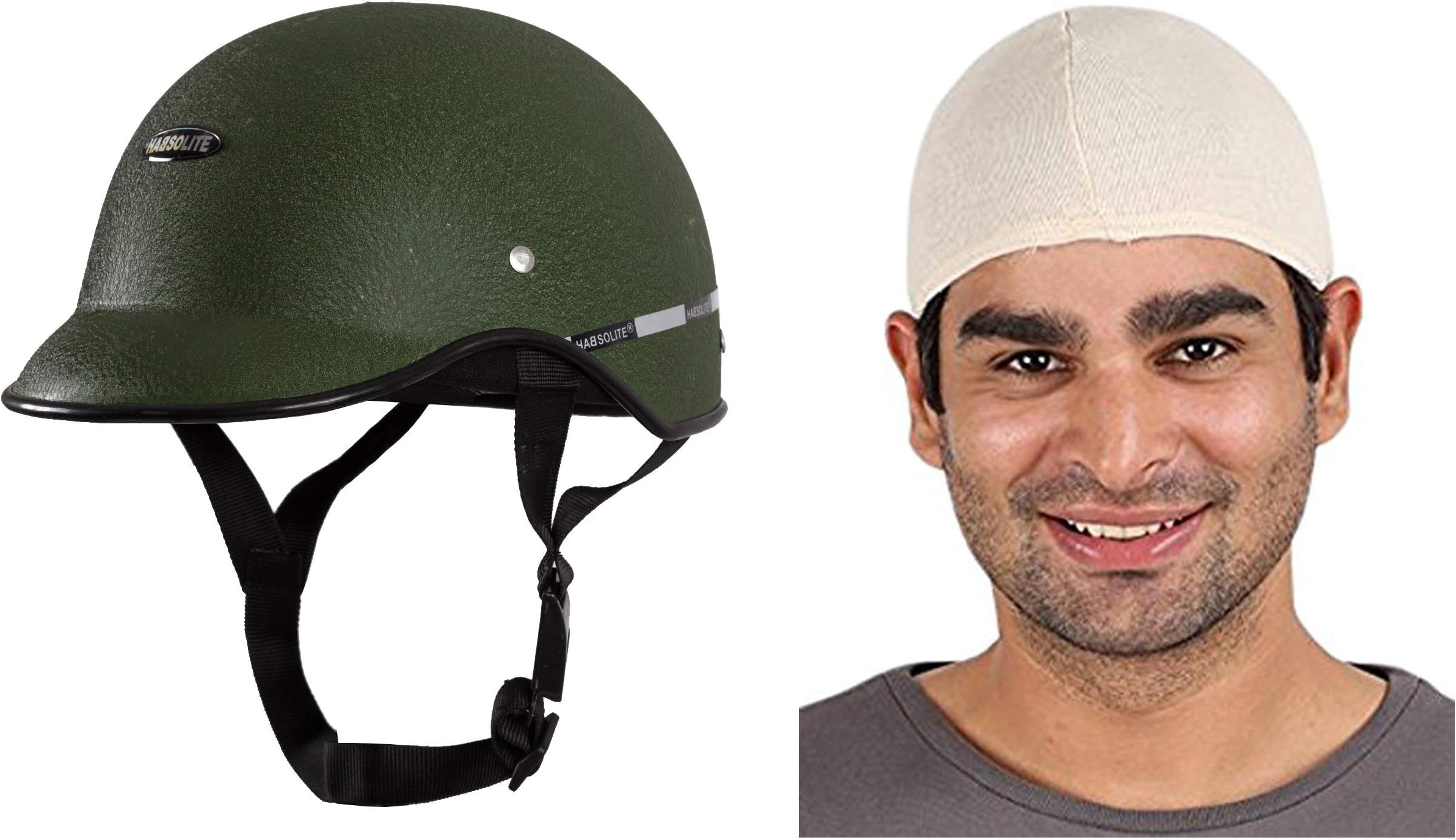 Habsolite All Purpose Safety Helmet with Strap for Bikes (Green, Free Size) and Autofy Unisex Multipurpose Hair Protector Dust Pollution Skull Cap (Biege) Bundle