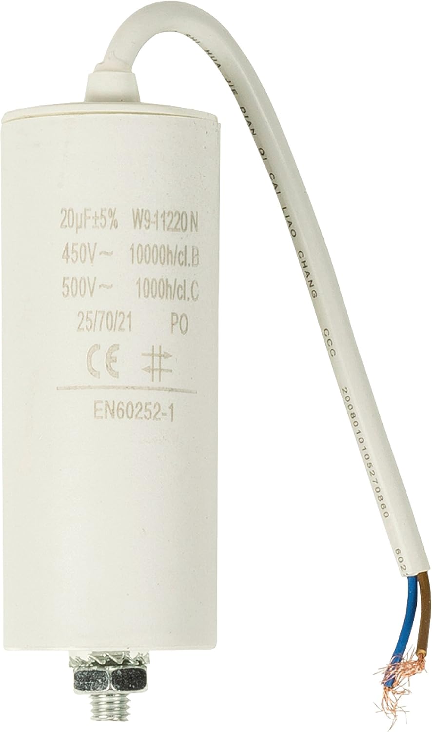 Invero Washing Machine Motor Capacitor 20.0uf - 450V Wired 250mm Cable - Dimensions: 40 x 98 mm - White