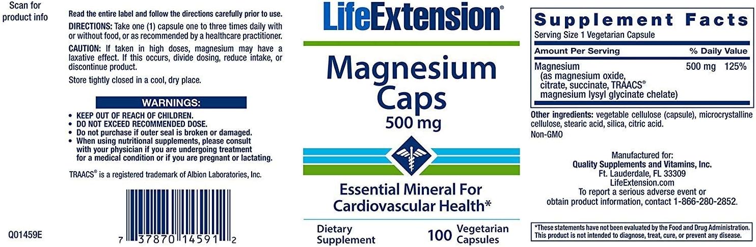 Life Extension Magnesium 500mg, 100 Vegetarian Capsules: Health & Personal Care