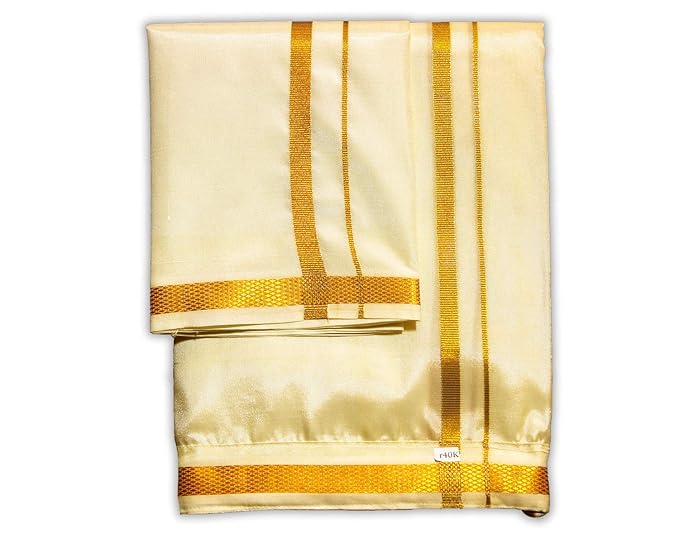 Dhoti for men Readymade Mundu Lungi Veshti with VELCRO (Stick-on) with Pocket Double-Layered fabric with Angavastram Shawl Pattu Vetti Vesthi Off-White
