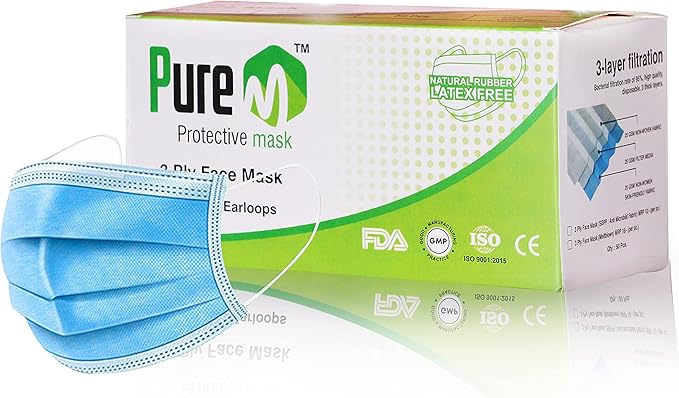 Pure M Surgical Face Mask Breathable with 3 Protective layer With Melt blown Waterproof Nose clip and soft ear loops | ISO and CE Certified | Medical Blue For Men, Women and Kids ( Pack of 50 With Box Packing )