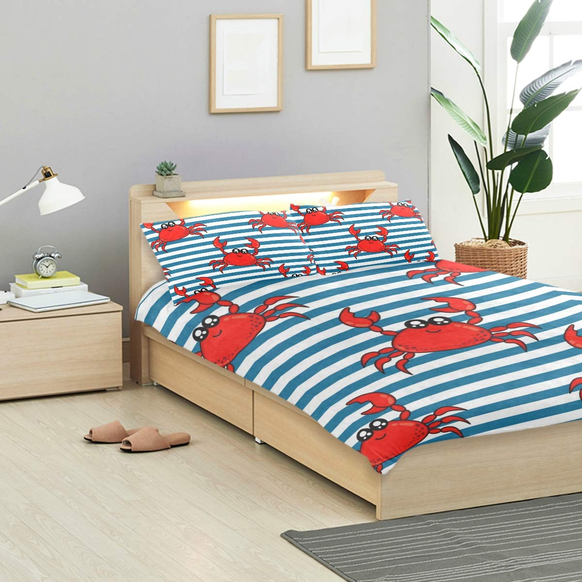 IDO Cute Crab Kids Bedding Comforter Cover Sets Ultra Soft Crystal Velvet Cotton Satin Hotel Collection–Decorative 3 Piece Bedding Set with 2 Pillow Shams, Multicolor
