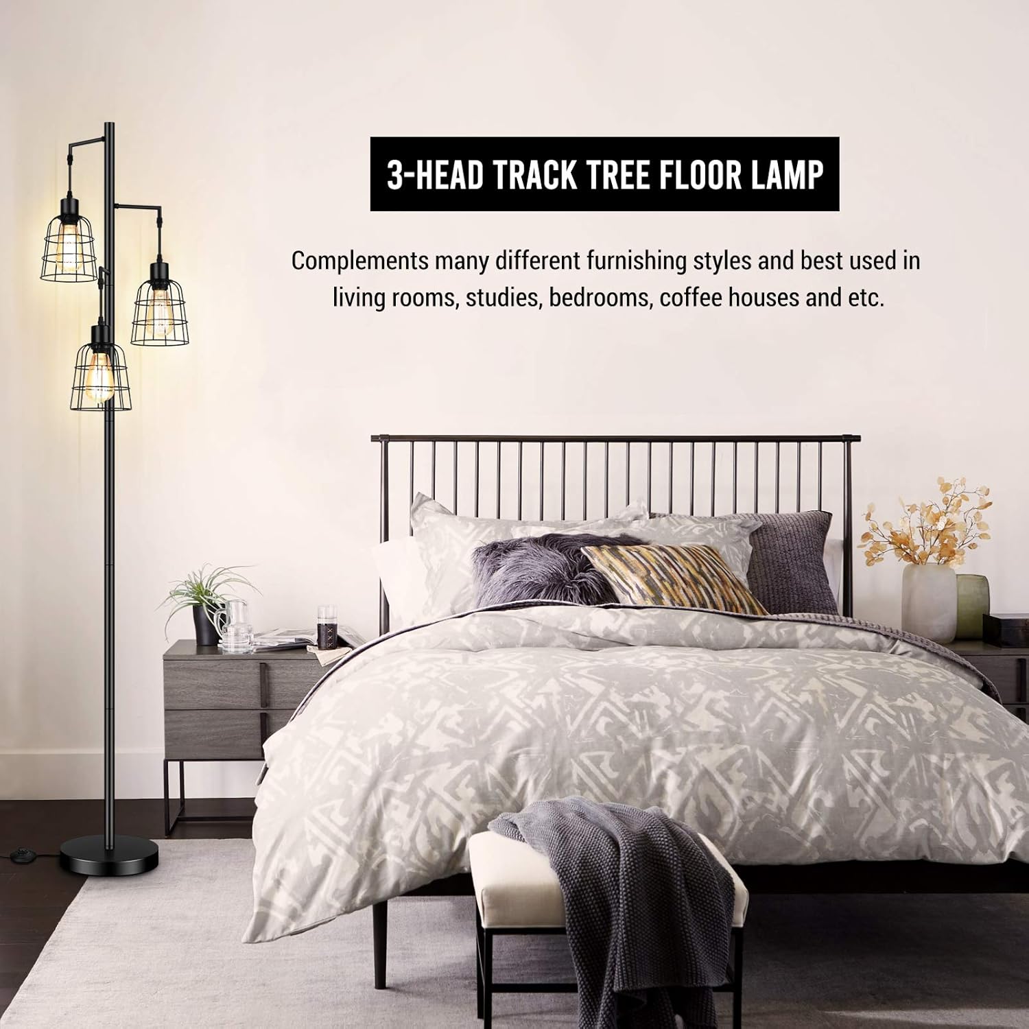 Industrial 3-Light Tree Floor Lamp with Cup-Shaped Cages Farmhouse Rustic Tall Standing Lamp for Living Room Vintage Elegant Black Pole Light with Edison E26 Base Metal Shade for Bedroom Office Hotel - - 