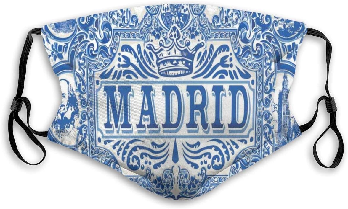Fashion Comfortable Windproof mask,Madrid Calligraphy Traditional Painted Tin Graphic Tile Azulejo Print,Printed Facial decorations for Unisex S