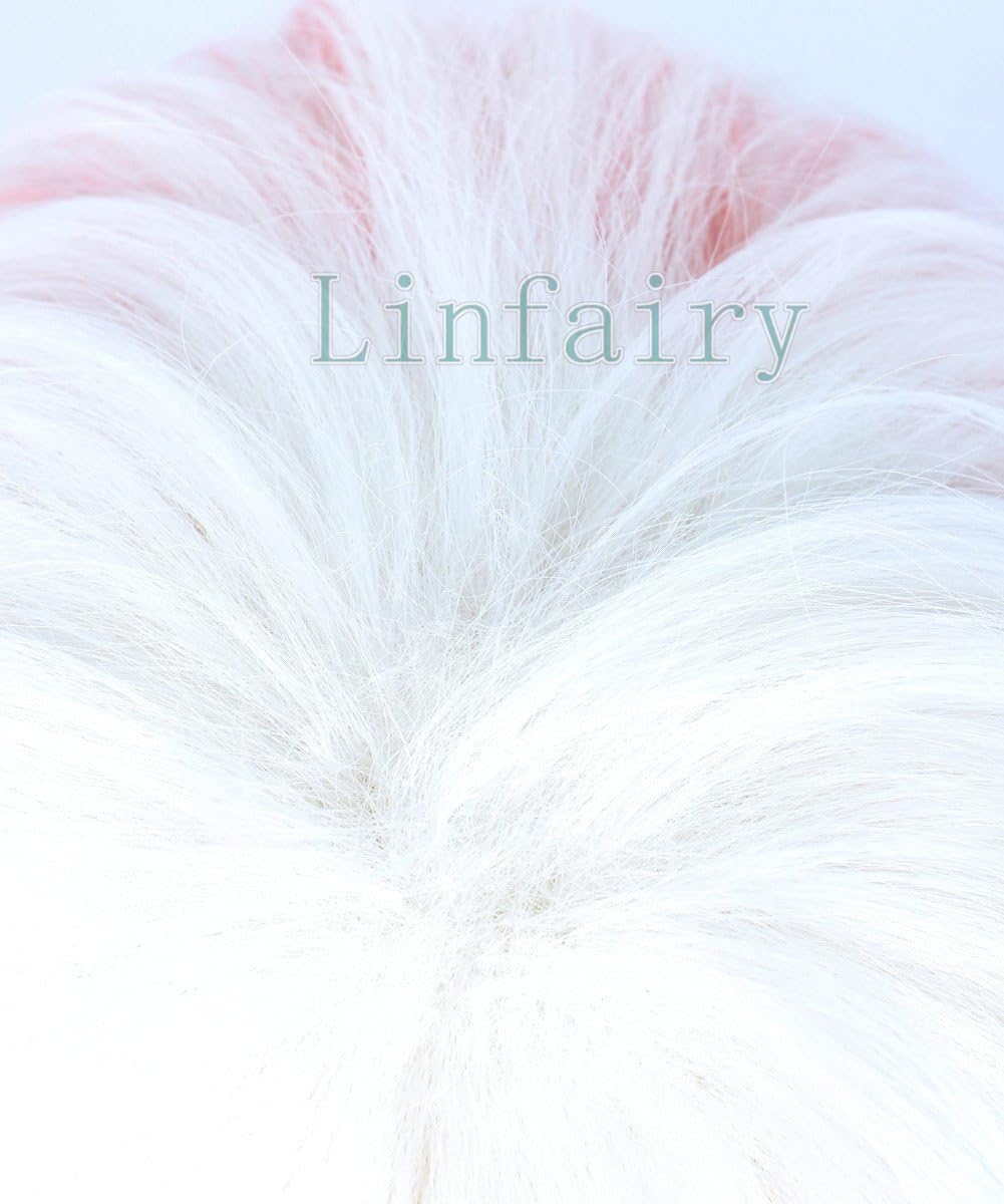 Linfairy Short Straight Pink White Cosplay Wig Halloween Costume Full Wig for Men, pink+white, 33 cm x 4 cm - Image 3