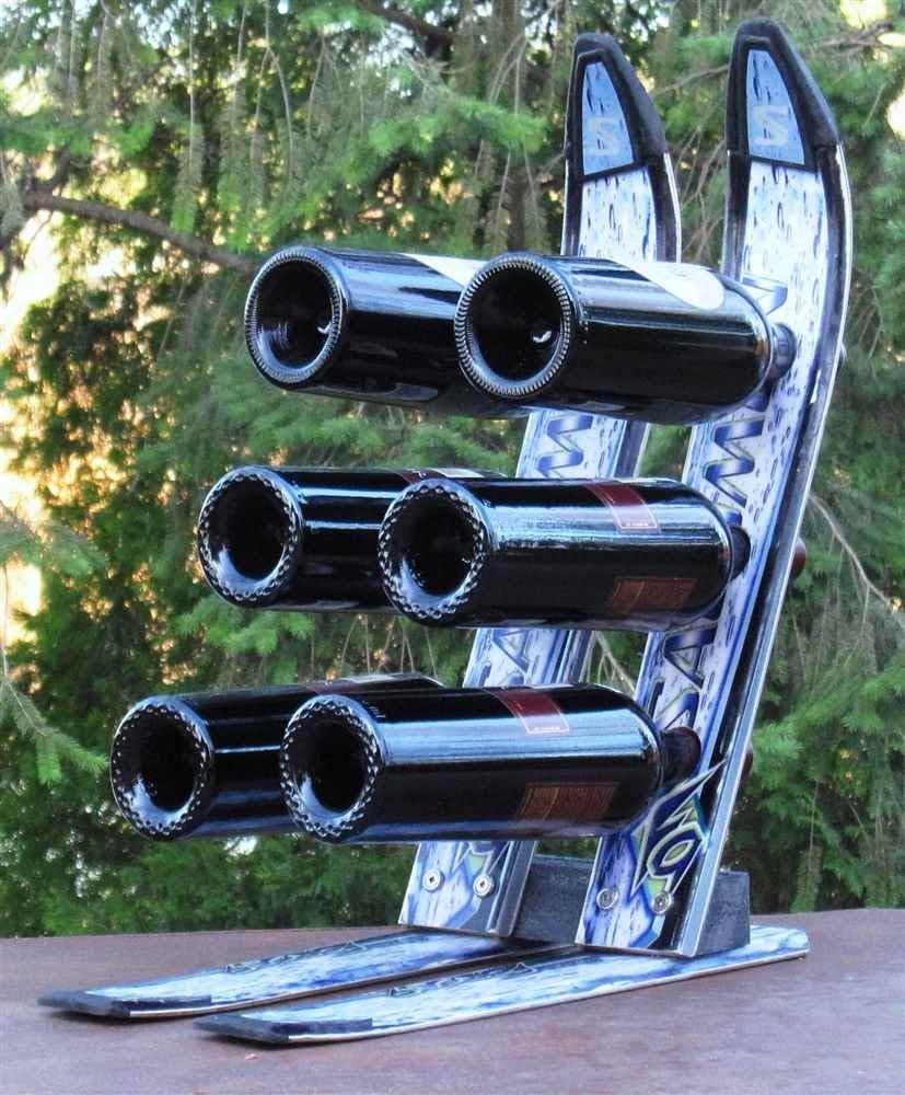 Recycled 6-Bottle Snow Ski Wine Rack (Black)